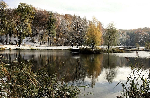 Staw w dawnej czci uzdrowiskowej w jesienno-zimowej szacie.