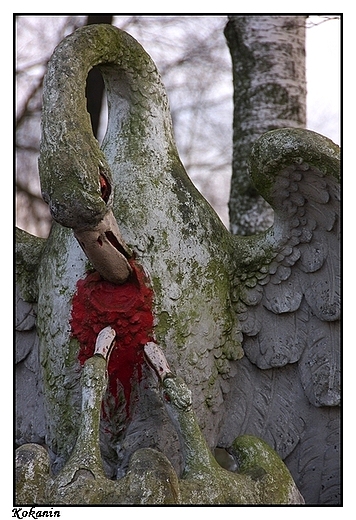 Kokanin - cmentarz parafialny, pelikan karmicy krwi ze swej piersi troje pisklt