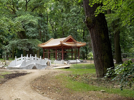 Warszawa. Budowa altanki chiskiej w azienkach.